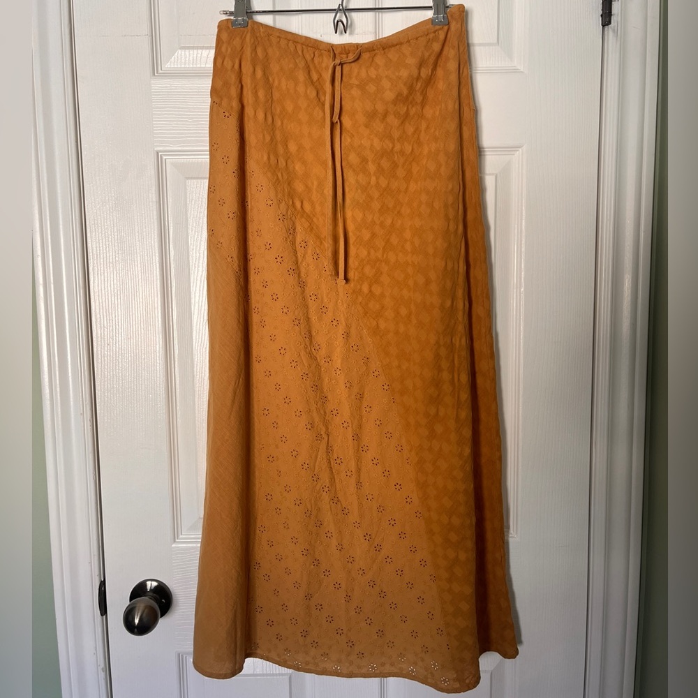 Ghanda Mustard Eyelet Maxi Skirt with Tie Waist